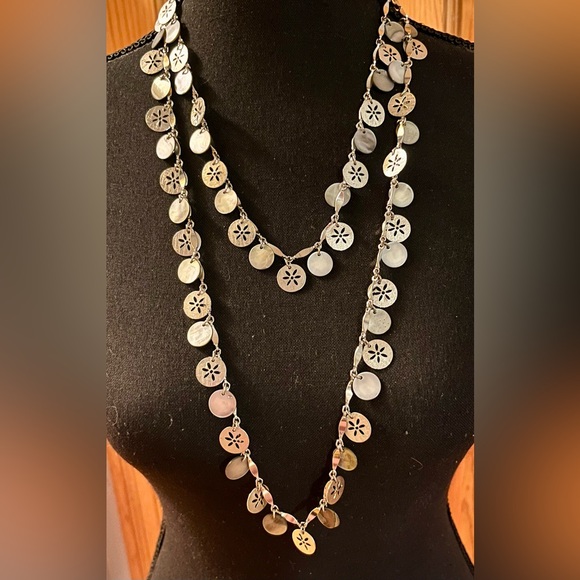 Elegant Silver Toned Sand Dollar and Abalone Like Shining Coin 52” Necklace Gift - Picture 7 of 14